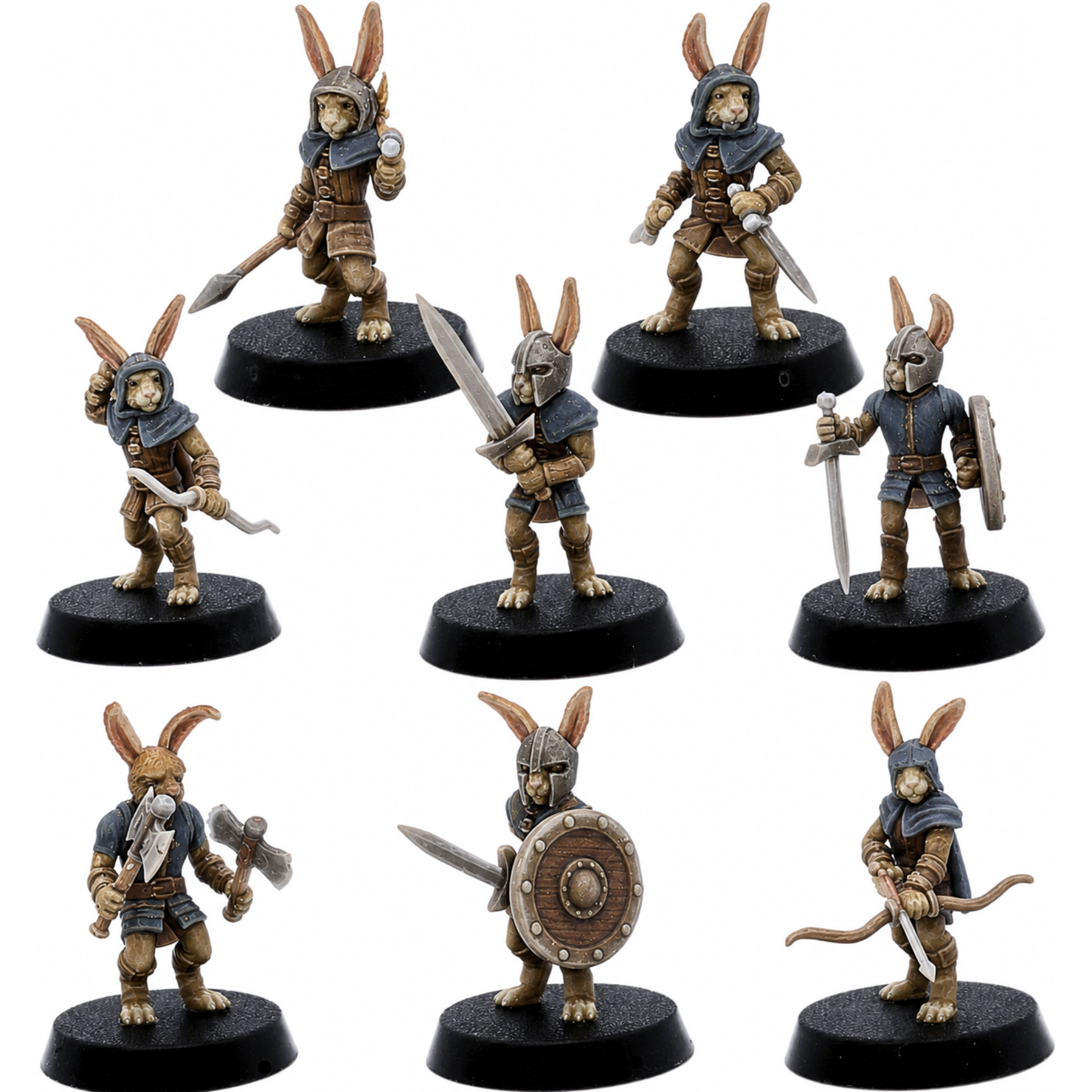 Painted Bunny Army set of eight 28mm rabbit warrior miniatures by Epic Miniatures