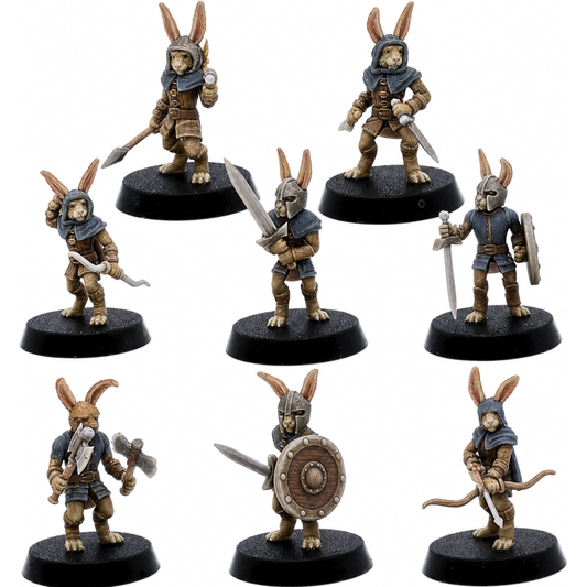 Painted Bunny Army set of eight 28mm rabbit warrior miniatures by Epic Miniatures