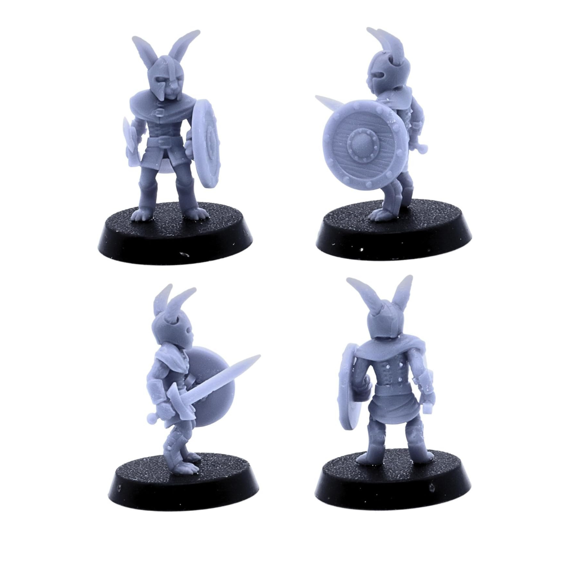 Bunny Army rabbit warrior with sword and round shield shown from multiple angles