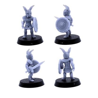 Bunny Army rabbit warrior with sword and round shield shown from multiple angles