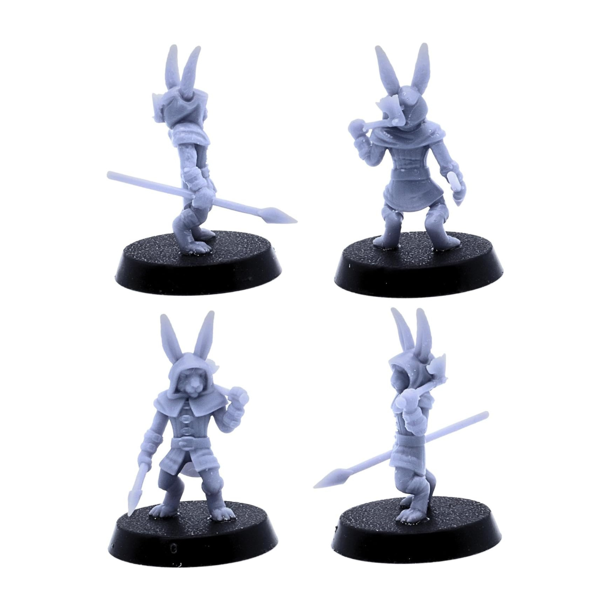 Hooded Bunny Army spear fighter miniature shown from multiple angles