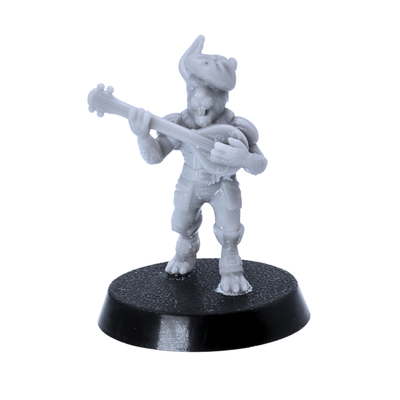 Unpainted bunny bard miniature playing a lute while standing on a 25mm round base.