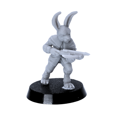 Unpainted rabbitfolk ranger miniature holding a crossbow and standing ready on a 25mm round base.