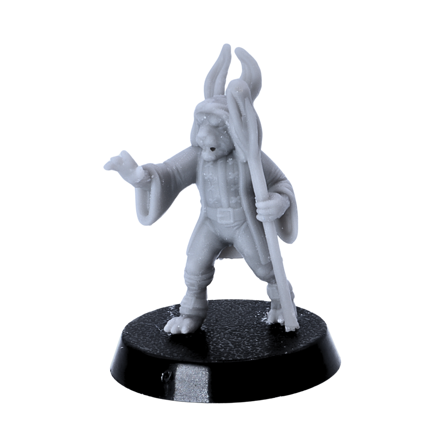 Unpainted rabbitfolk mage miniature holding a tall staff and casting with one hand on a 25mm round base.