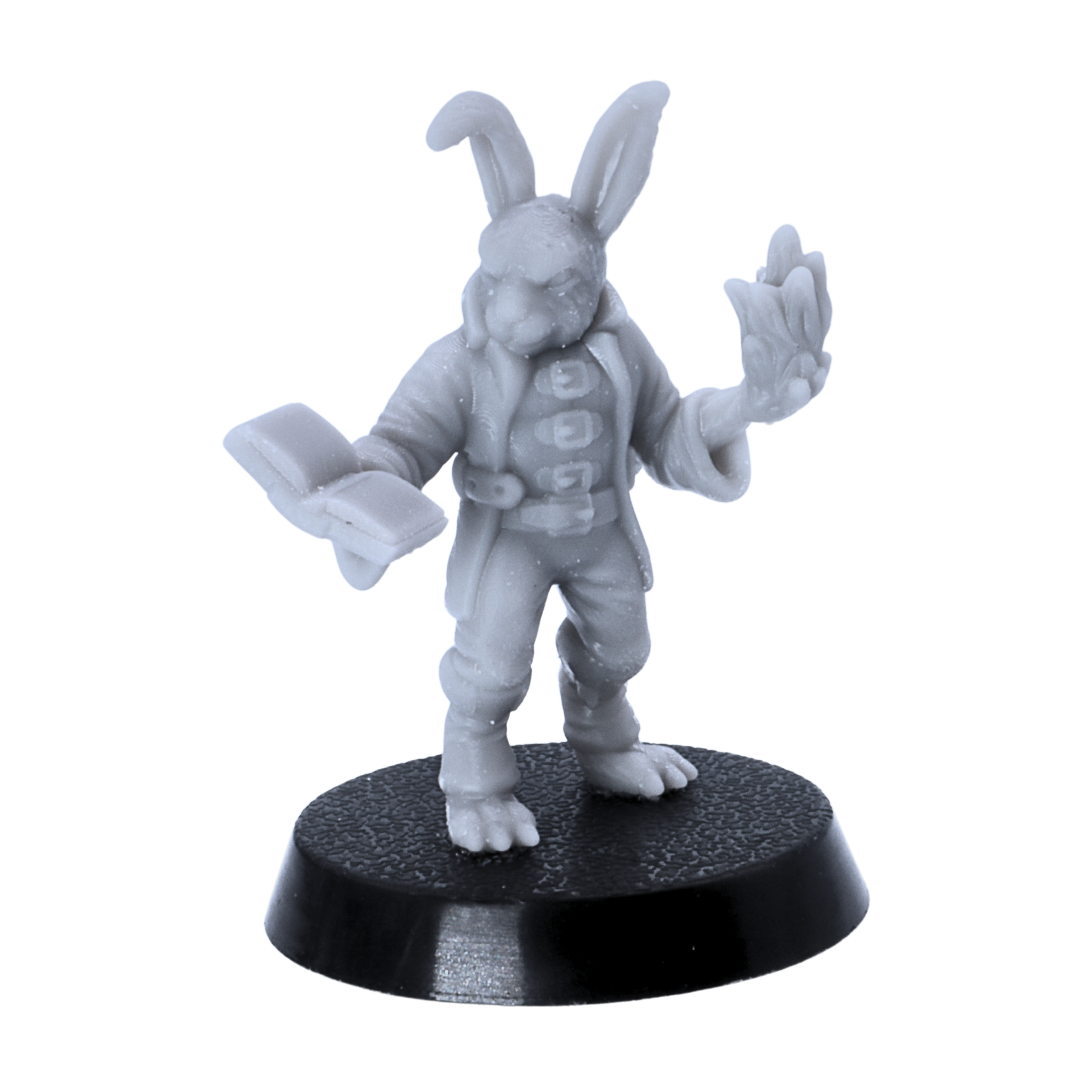 Unpainted bunny scholar or spellcaster miniature holding an open book and raised hand on a 25mm round base.