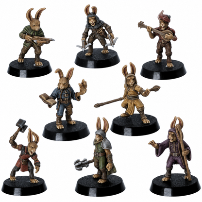 Painted Bunny Tribe miniature set of eight by Epic Miniatures, showing rabbitfolk adventurers with weapons, robes, instruments, and fantasy clothing.