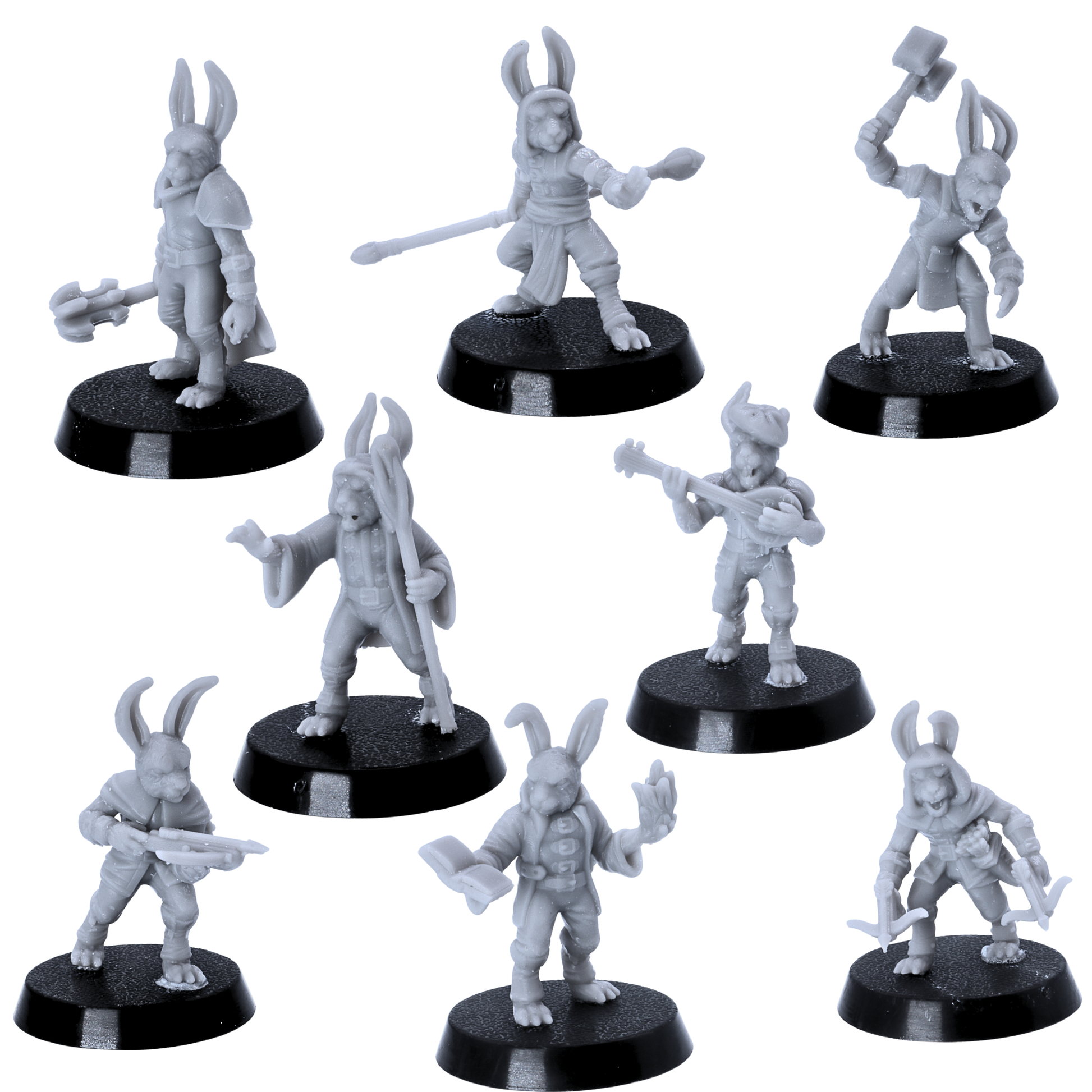 Unpainted Bunny Tribe set of eight rabbitfolk miniatures on 25mm round bases, including warriors, spellcasters, hunters, and musicians.