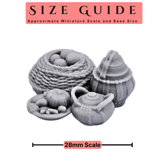 Camp Furnishings scenery size guide for 28mm to 32mm tabletop miniatures