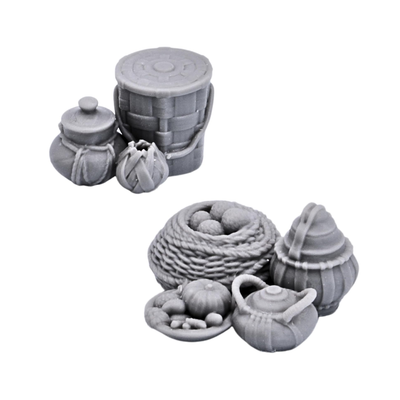 Fantasy camp storage props with barrel jars sacks baskets and food supplies