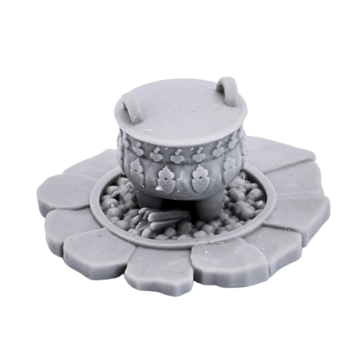 Fantasy camp cooking pot and fire terrain piece for 28mm to 32mm tabletop games