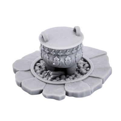 Fantasy camp cooking pot and fire terrain piece for 28mm to 32mm tabletop games