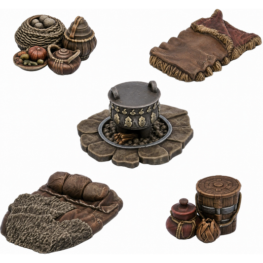 Painted Camp Furnishings terrain set with fantasy camp props by Printable Scenery