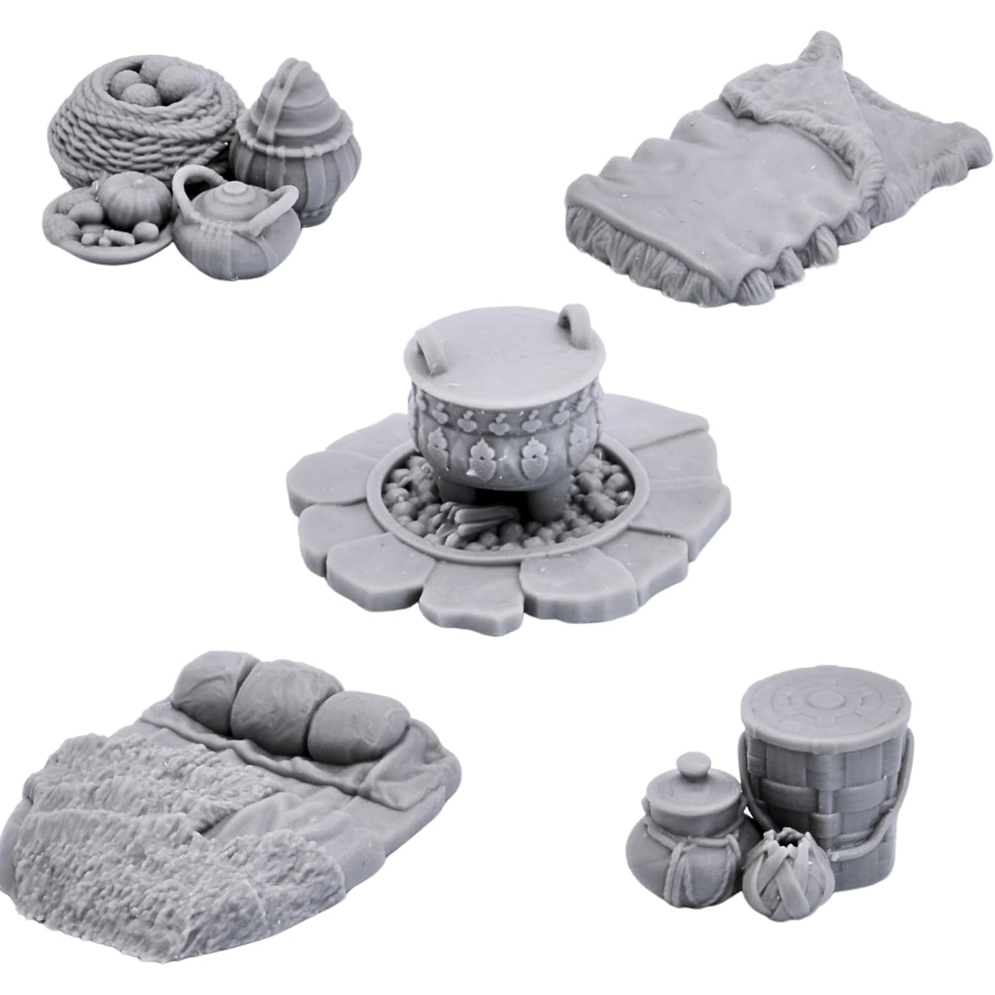 Unpainted Camp Furnishings set with bedroll cooking pot supplies and storage props