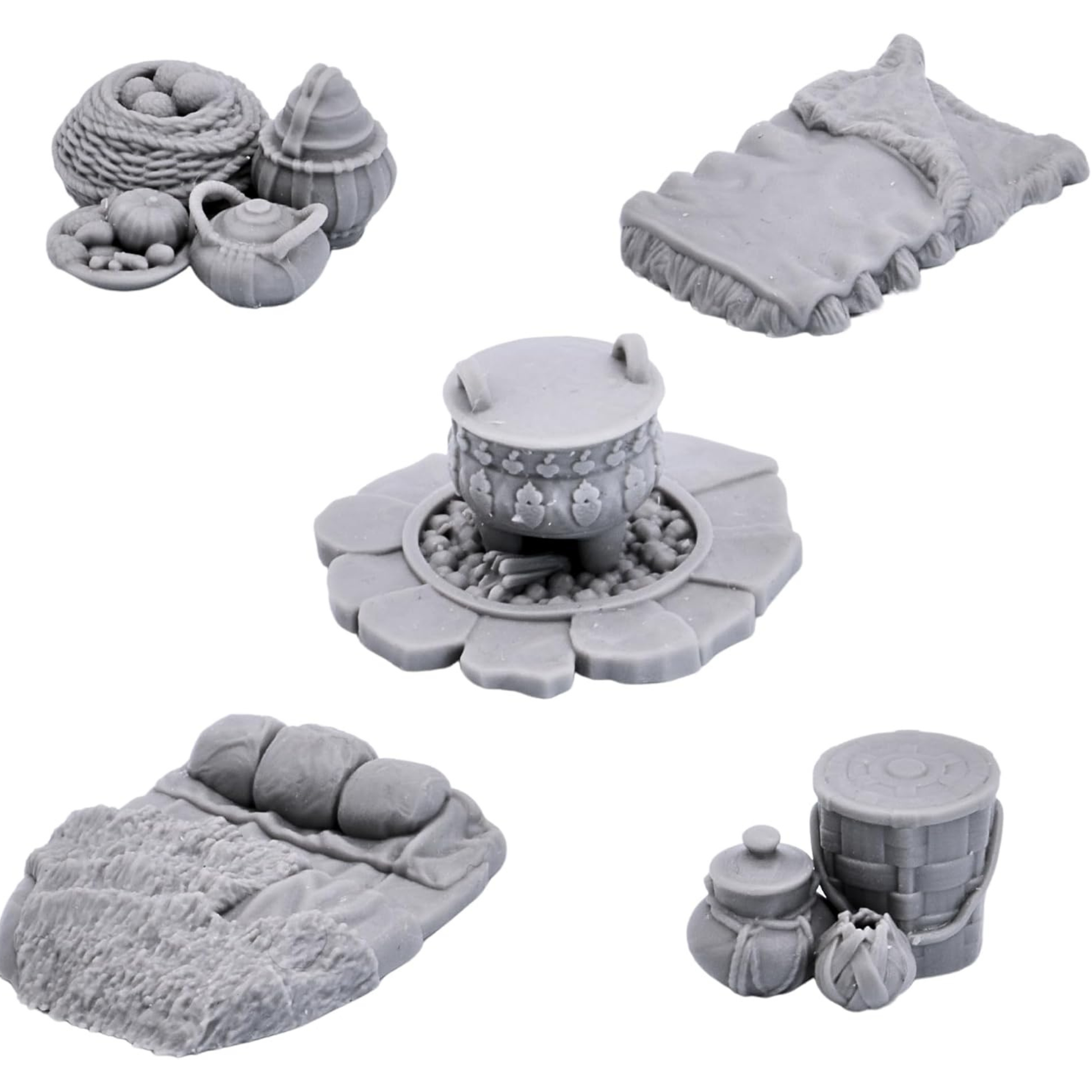 Unpainted Camp Furnishings set with bedroll cooking pot supplies and storage props