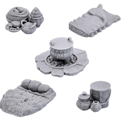 Unpainted Camp Furnishings set with bedroll cooking pot supplies and storage props