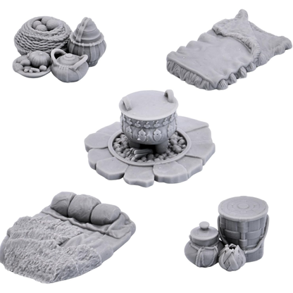 Unpainted Camp Furnishings set with bedroll cooking pot supplies and storage props