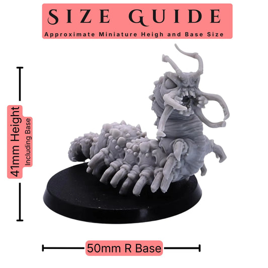 Carrion Bug set of 3 28mm scale miniatures size guide showing an approximate 41mm height including base and 50mm round base size.