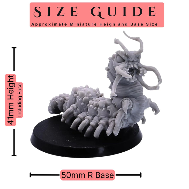 Carrion Bug set of 3 28mm scale miniatures size guide showing an approximate 41mm height including base and 50mm round base size.