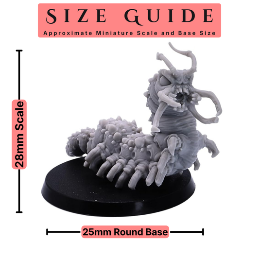 Carrion Bug miniature size guide showing 28mm scale with 25mm round base