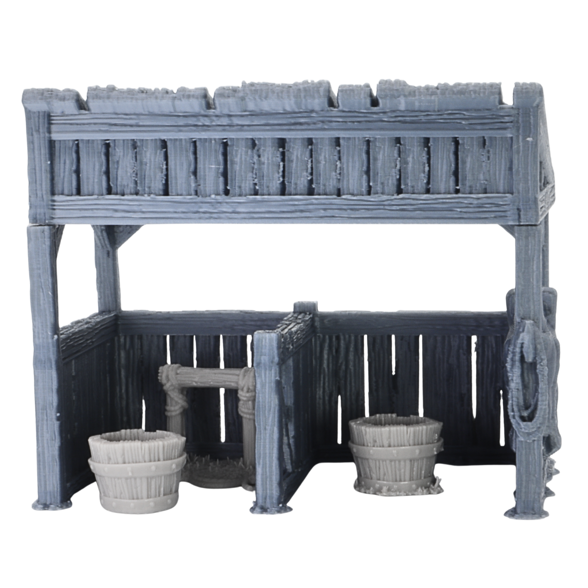 Front open view of unpainted medieval stable terrain showing interior stalls, buckets, rope detail, and wooden plank walls.