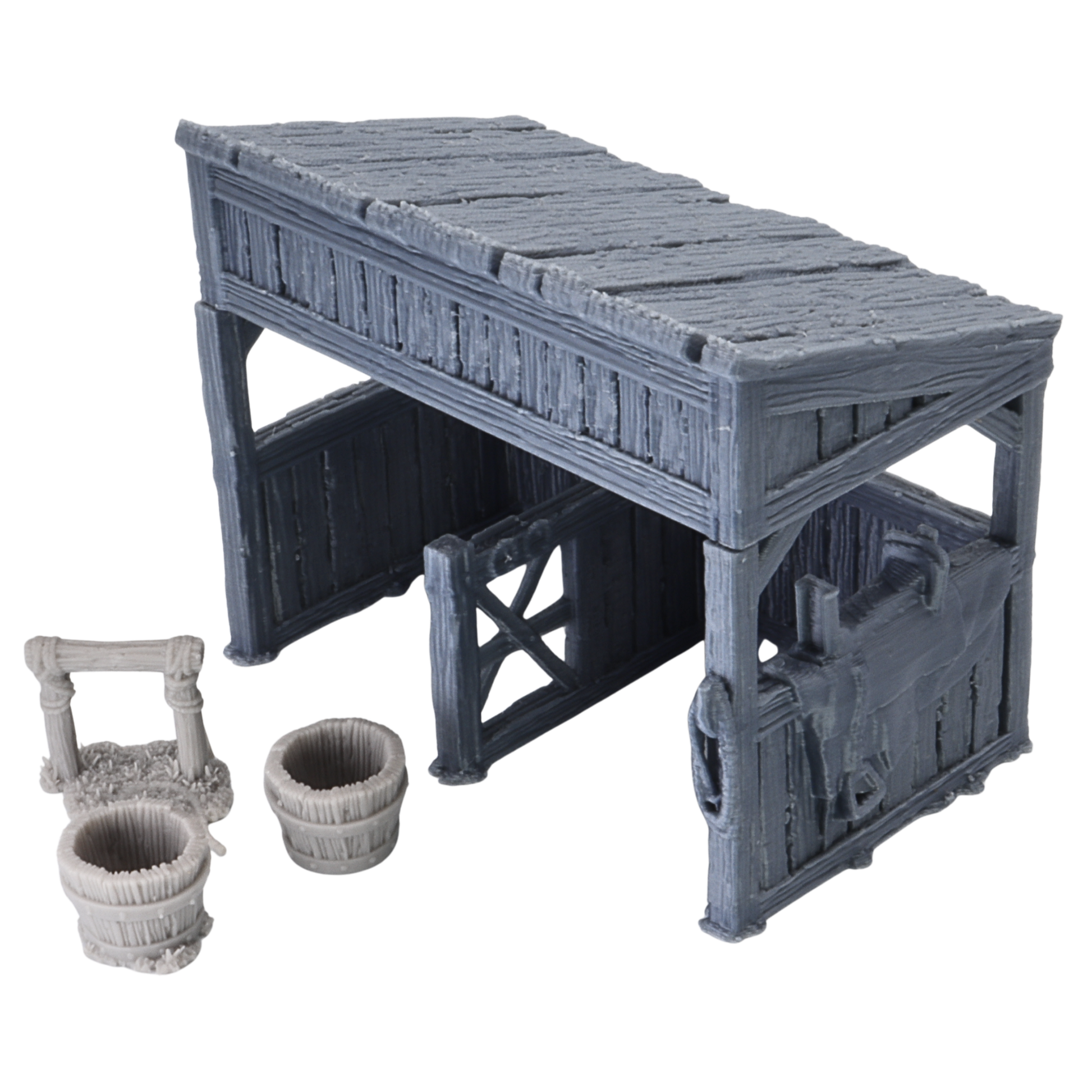Angled view of unpainted medieval stable terrain with removable roof, wooden plank texture, and interior stall walls.