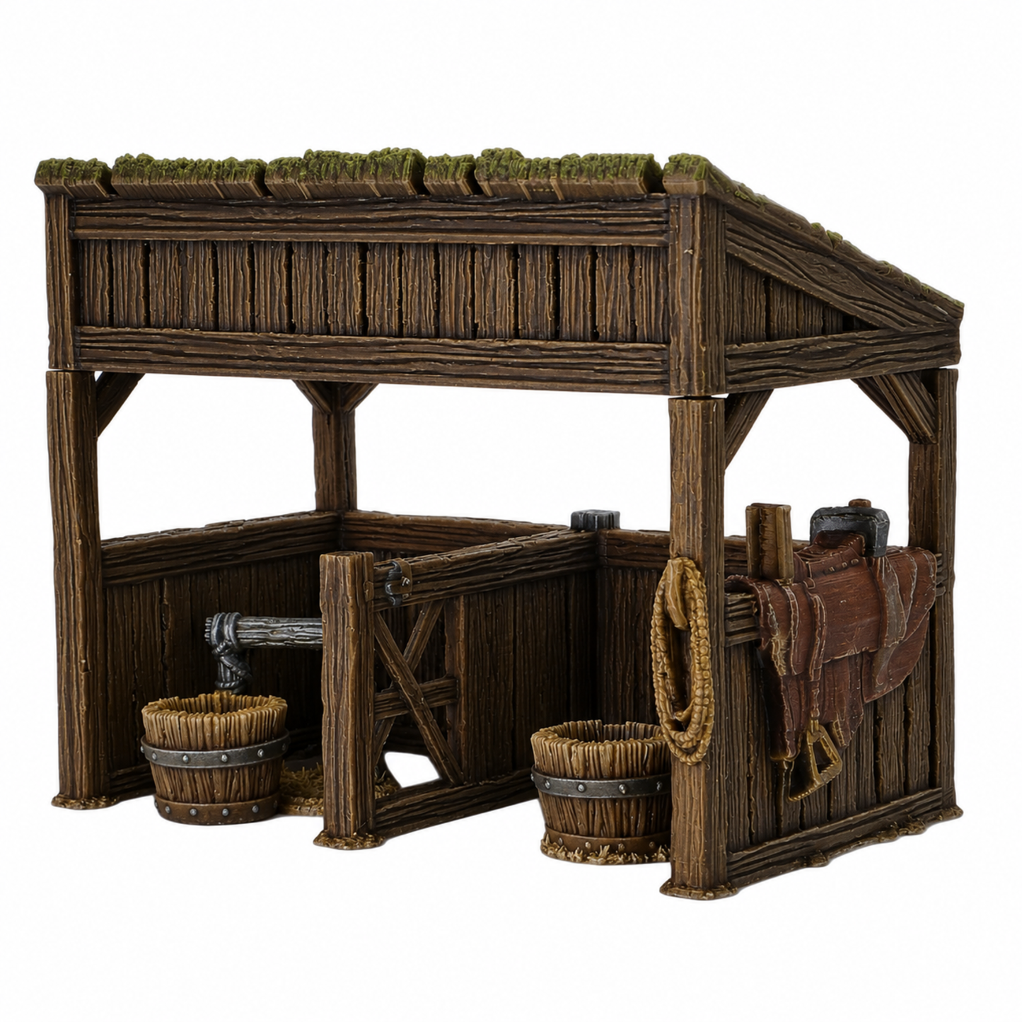 Painted Castle Stables terrain set by Printable Scenery, showing a detailed medieval wooden horse stable with buckets, rope, saddle, and rustic roof.