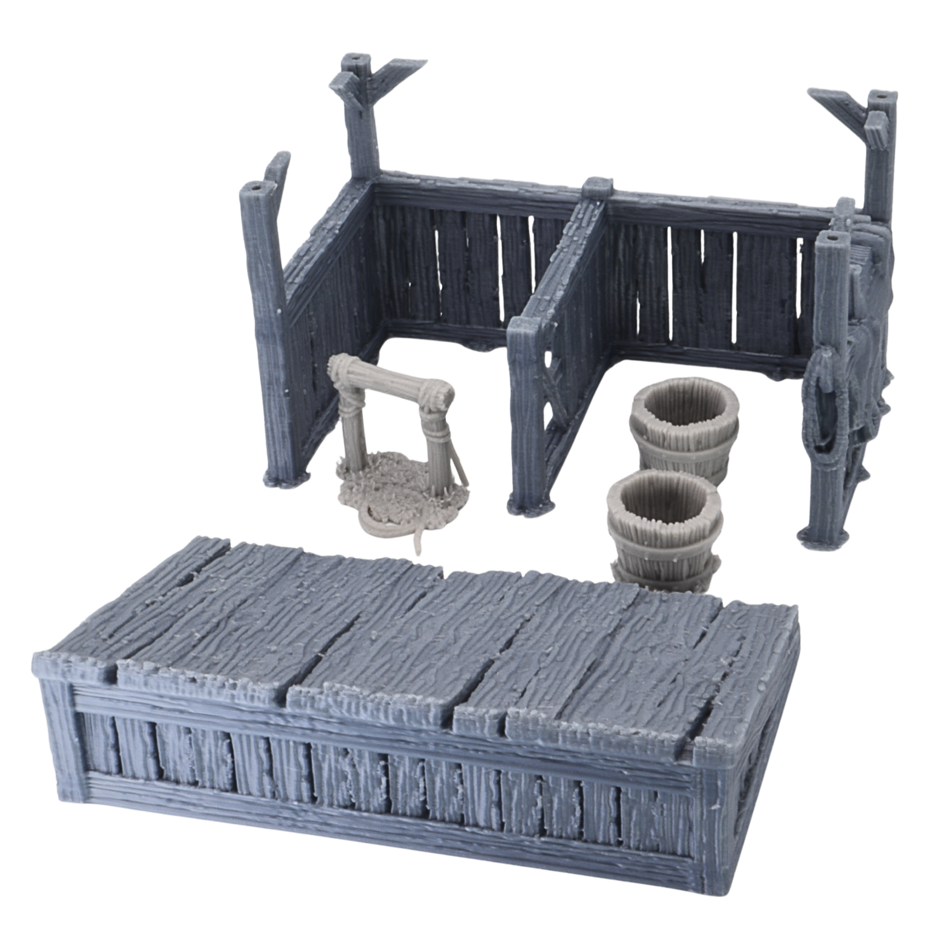 Castle Stables set shown in separate pieces, including stable walls, roof section, buckets, trough, and accessories.
