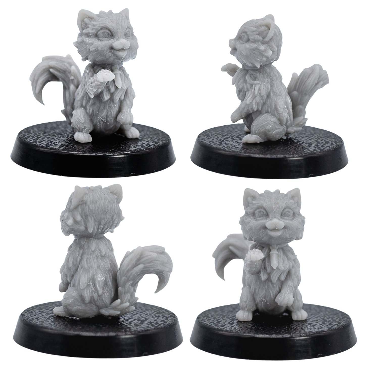 Unpainted cat familiar shown from multiple angles with raised paw and curled tail.
