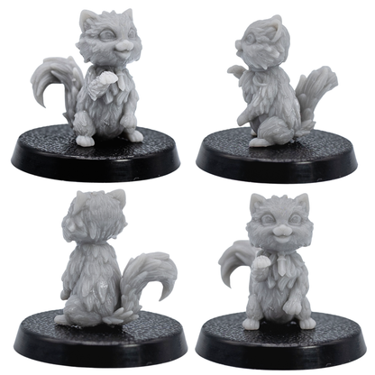 Unpainted cat familiar shown from multiple angles with raised paw and curled tail.