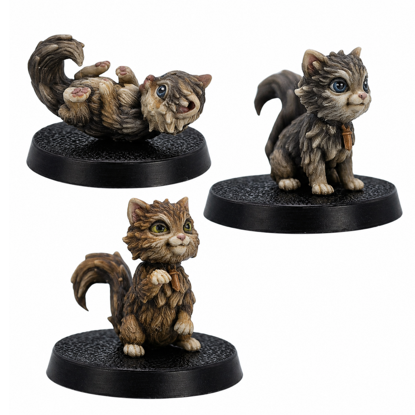 Painted Cat Familiars by Forged Path Miniatures showing three cute cat miniatures on round bases.