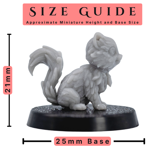 Size guide for Cat Familiars by Forged Path Miniatures showing a 21mm tall miniature on a 25mm base.