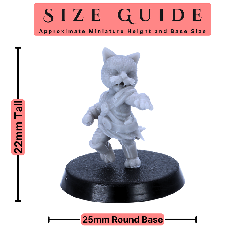 Cat Folk miniature size guide showing approximately 22mm tall character on 25mm round base