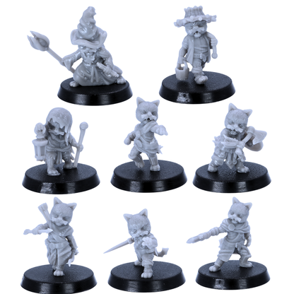Eight unpainted Cat Folk fantasy miniatures shown from the front on 25mm round bases