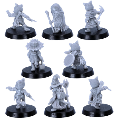 Rear views of eight Cat Folk miniatures showing cloaks weapons packs and character equipment