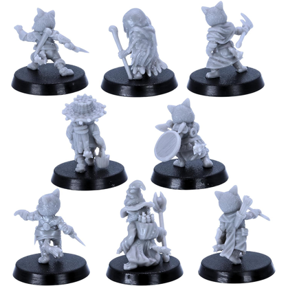 Rear views of eight Cat Folk miniatures showing cloaks weapons packs and character equipment