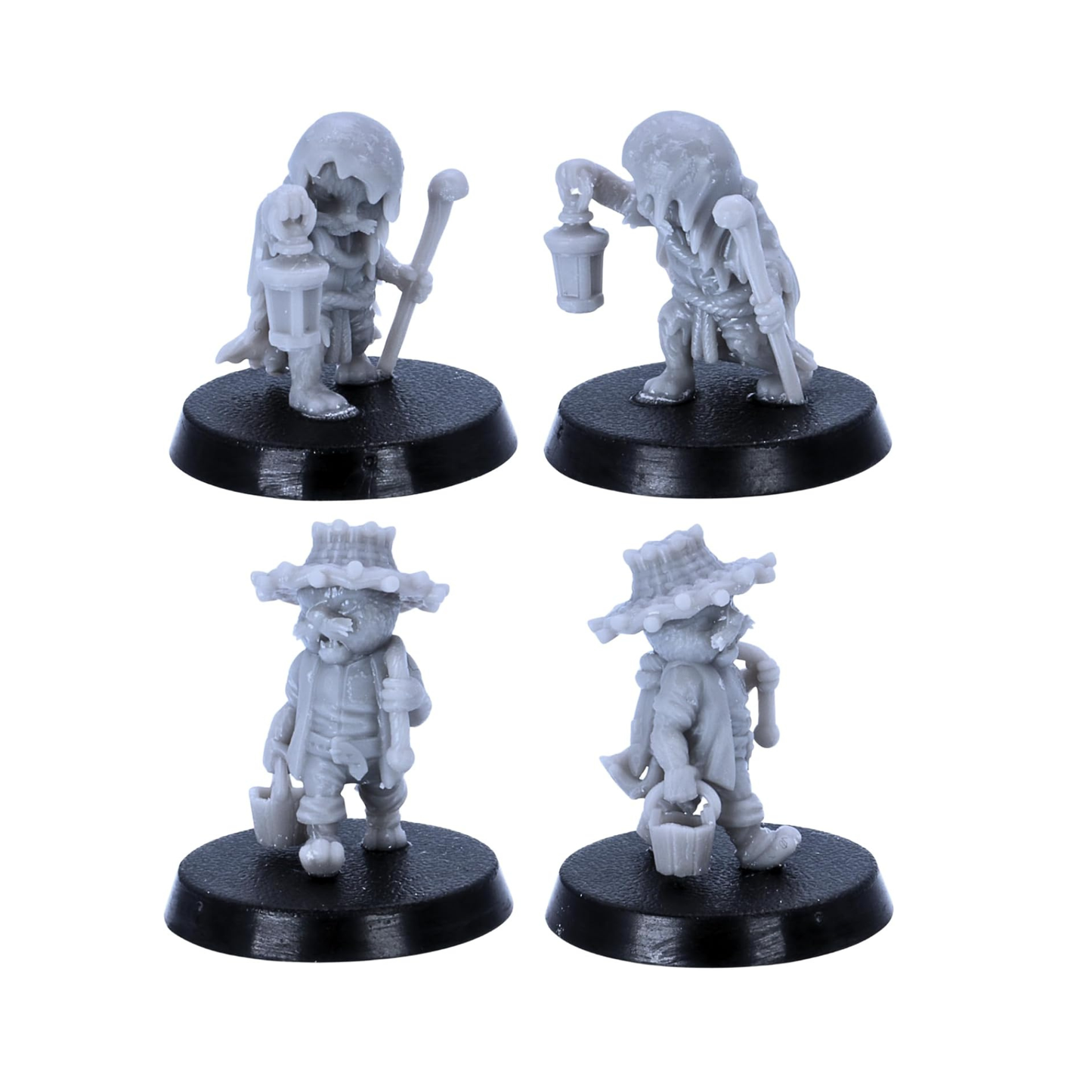 Cat Folk lantern bearer and fisher miniatures shown from multiple angles