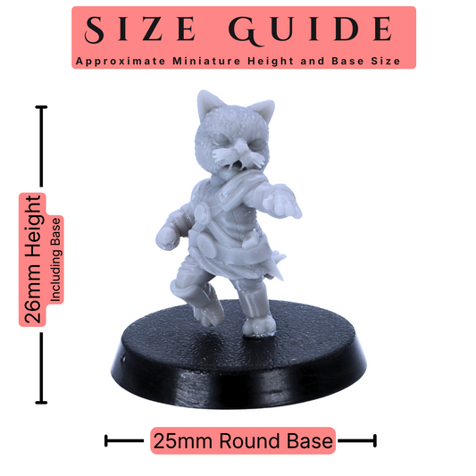 Cat Folk set of 8 28mm scale fantasy miniatures size guide showing an approximate 26mm height including base and 25mm round base size.