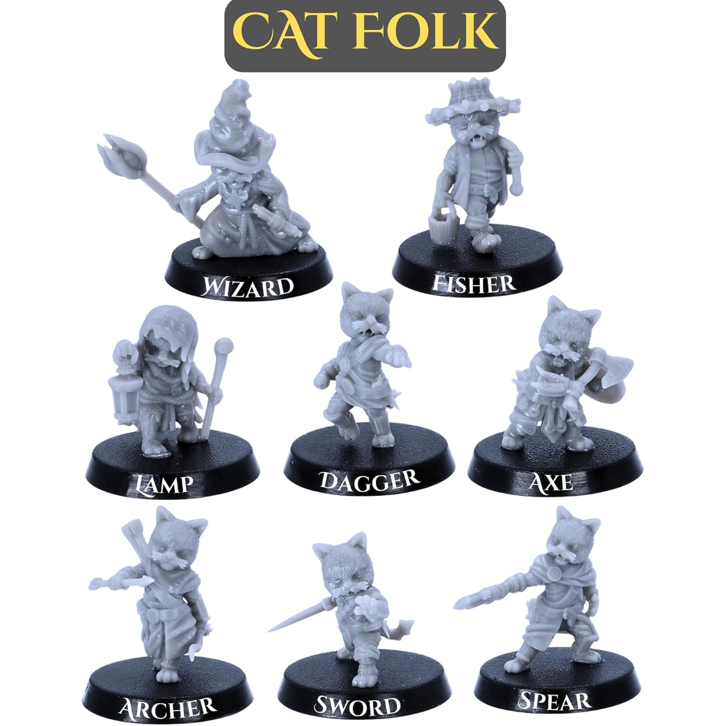 Seven Cat Folk fantasy character miniatures including wizard, fisher, lamp bearer, rogue, archer, swordsman and spear fighter.