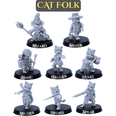 Seven Cat Folk fantasy character miniatures including wizard, fisher, lamp bearer, rogue, archer, swordsman and spear fighter.