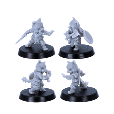 Cat Folk rogue and fighter miniatures with daggers shield axe and adventuring gear