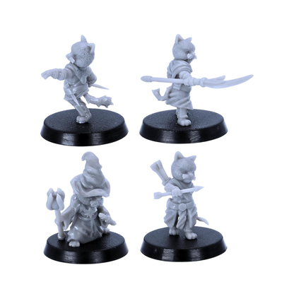 Cat Folk wizard and archer miniatures with staff bow quiver and fantasy clothing