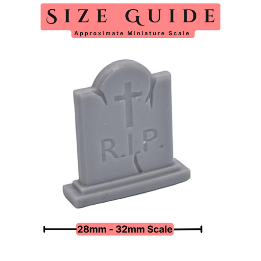 Cemetery terrain size guide showing compatibility with 28mm to 32mm miniatures