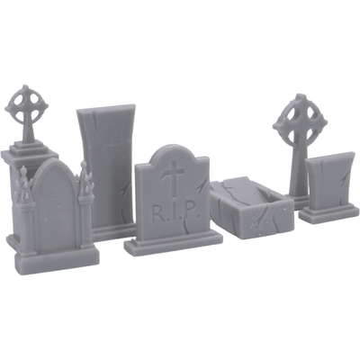 Gothic cemetery scenery including ornate grave markers, cracked tombstones, and memorial crosses