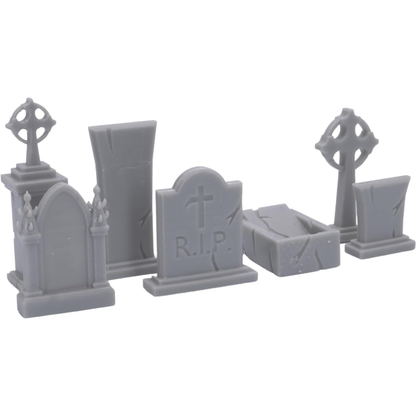 Gothic cemetery scenery including ornate grave markers, cracked tombstones, and memorial crosses