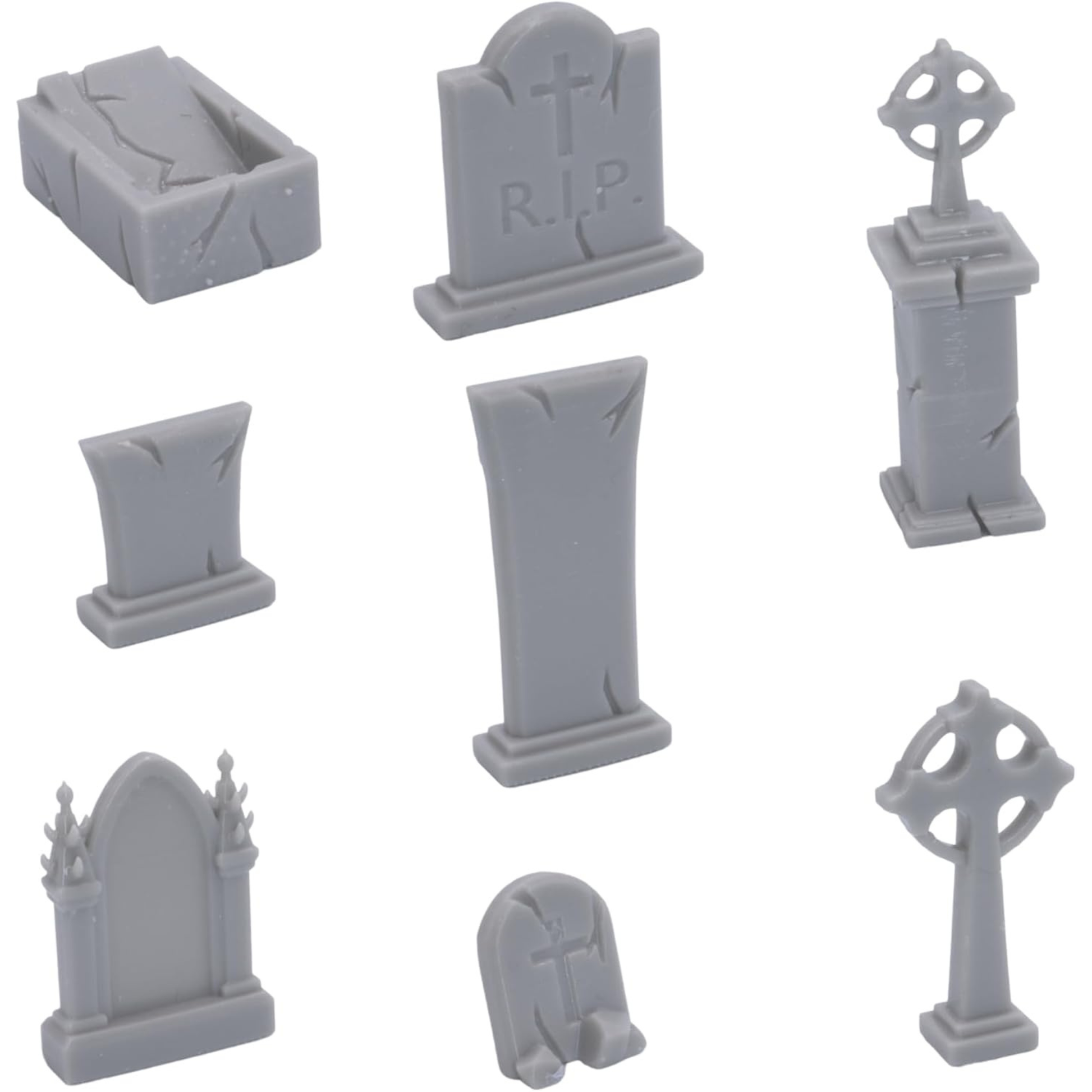 Assorted fantasy cemetery gravestones, tall monuments, Celtic crosses, and stone coffin terrain