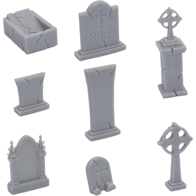 Assorted fantasy cemetery gravestones, tall monuments, Celtic crosses, and stone coffin terrain