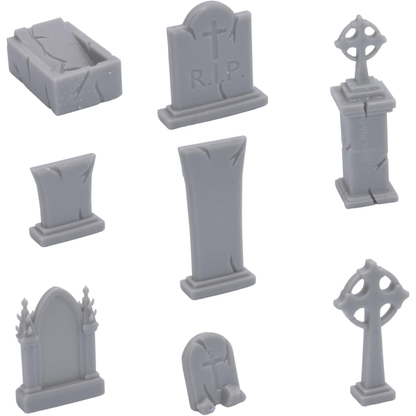 Assorted fantasy cemetery gravestones, tall monuments, Celtic crosses, and stone coffin terrain