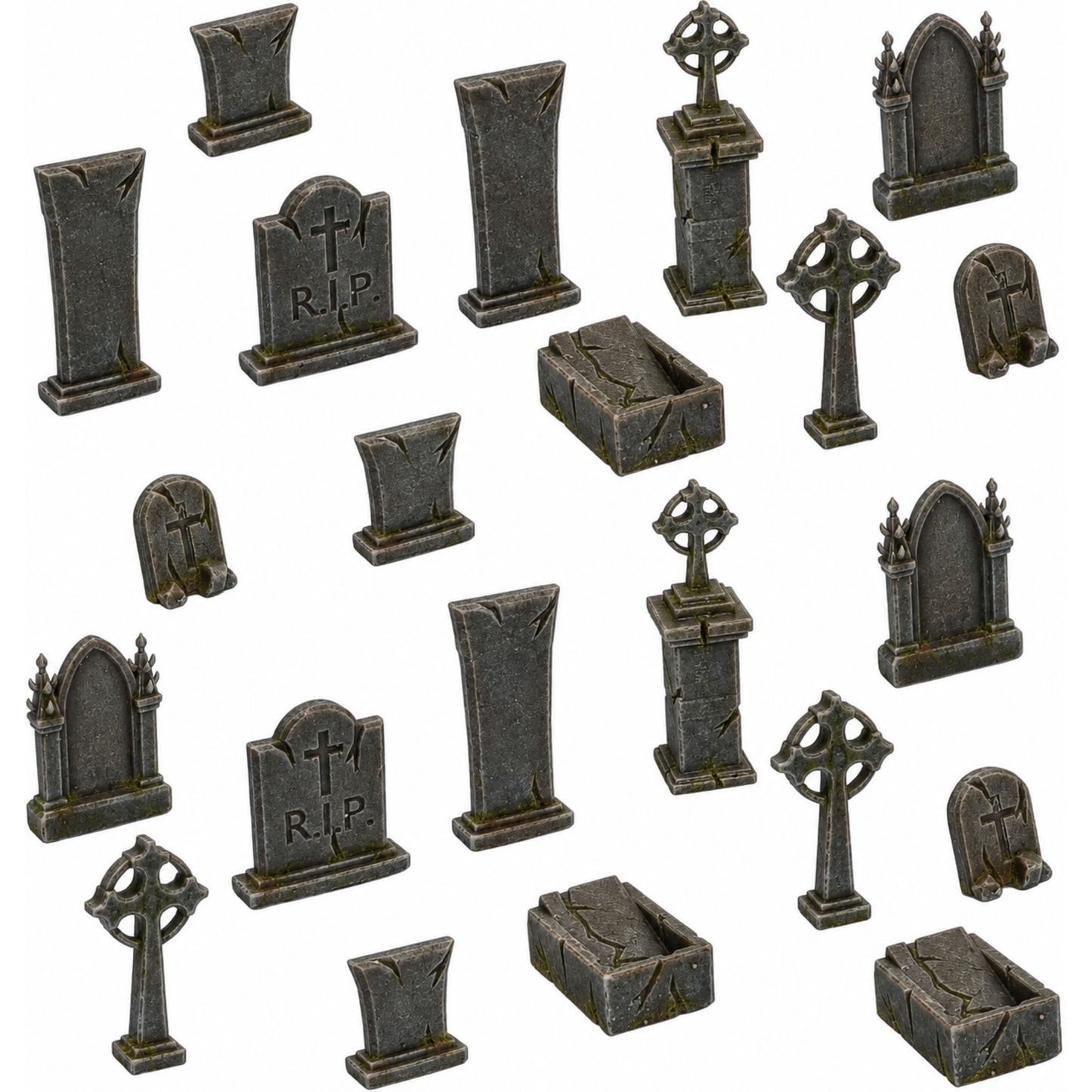 Painted Cemetery Set featuring gothic tombstones, crosses, grave markers, and stone coffins by Printable Scenery