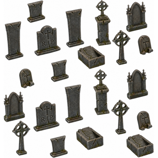 Painted Cemetery Set featuring gothic tombstones, crosses, grave markers, and stone coffins by Printable Scenery