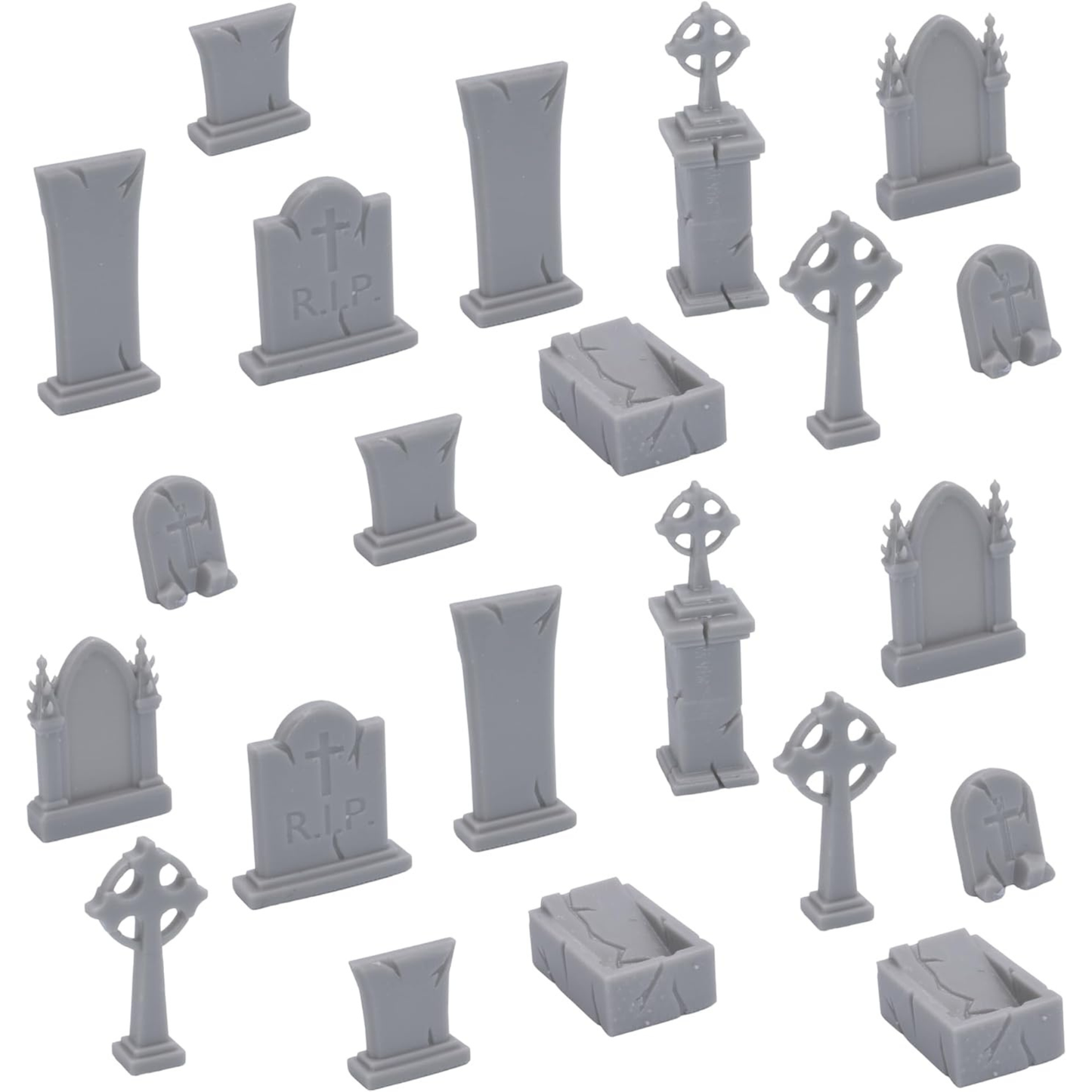 Unpainted Cemetery Set with assorted gravestones, monuments, crosses, and crypt-style terrain pieces